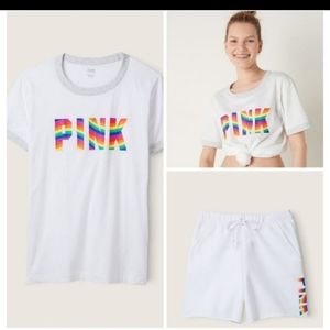 VS PINK OUTFIT RAINBOW SET TEE DAD SHORTS L